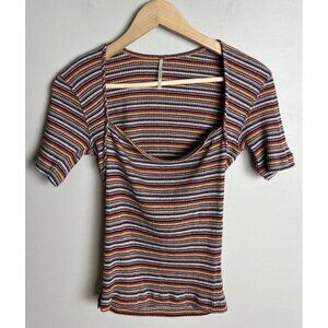 Free People Striped Ribbed Knit Top Square Neck Short Sleeve Small Women’s